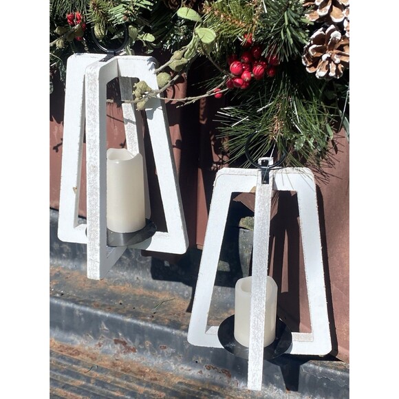 2 Rustic Wooden Candle Holder Lantern Farmhouse Country White Outside Lighting - Picture 3 of 6